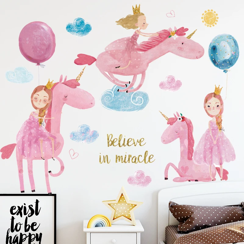 Сказочный мир Розовая Принцесса Единорог наклейки на стену для детской комнаты