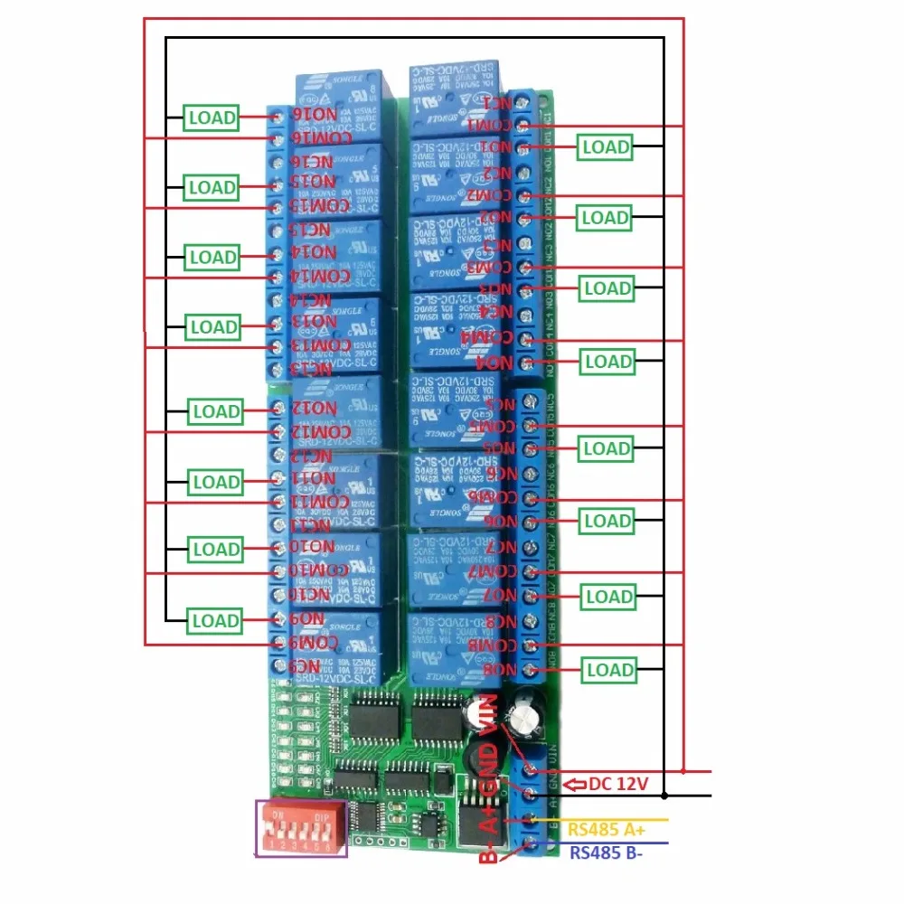 

R421B16 16ch DC 12V RS-485 Modbus RTU Relay Board RS485 Bus Remote Control Switch for LED Motor PLC PTZ Camera Smart Home