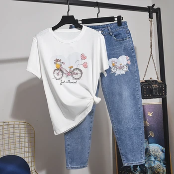 Summer Women Outfits Bicycle Print Beading Cotton T-shirt + Denim Pants Two Piece Set Loose Korean Tshirt Jeans Pants Female 2pc
Summer Women Outfits Bicycle Print Beading Cotton T-shirt + Denim Pants Two Piece Set Loose Korean Tshirt Jeans Pants Female 2pc