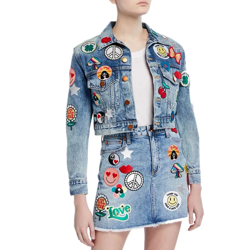 2019 High Quality Denim 2 Piece Set Patch Chapter Turn Down Collar Single Breasted Crop Jeans Jacket Coat + Mini Denim Skirt Set
2019 High Quality Denim 2 Piece Set Patch Chapter Turn Down Collar Single Breasted Crop Jeans Jacket Coat + Mini Denim Skirt Set