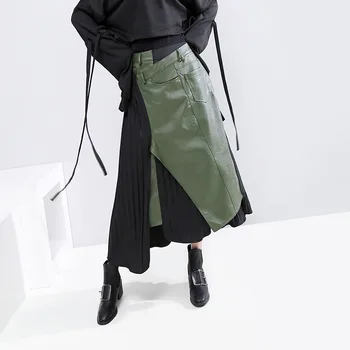 

Z-ZOUX Women Skirt High Waist Asymmetrical Skirts Elastic Waisted PU Spliced Irregular Skirt All Match Long Pleated Skirts 2019