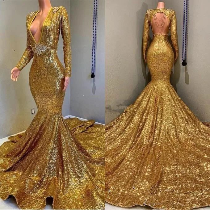 Женское вечернее платье-русалка золотистое платье с блестками и глубоким
