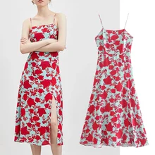 

Elmsk 2021 Summer Dress Vestidos England Style Vintage Floral Printing Spaghetti Strapless Holiday Midi Party Dress Women