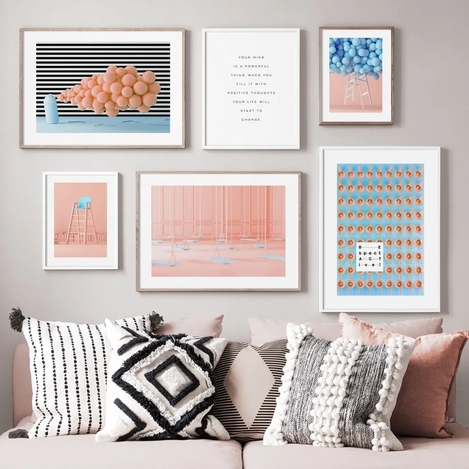 Sweet Macaron Pink Balloon Swing Wall Art Print Canvas Painting Nordic Posters And Prints Fashion Pictures For Living Room | Дом и сад
