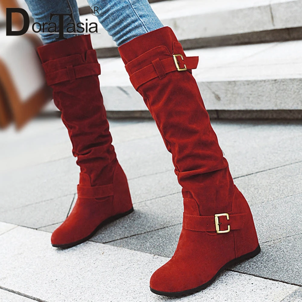 

DORATASIA Big Size 31-43 New Ladies Wedges High Heels Boots Fashion Pleated Boots Women Height Incresing Buckle Shoes Woman