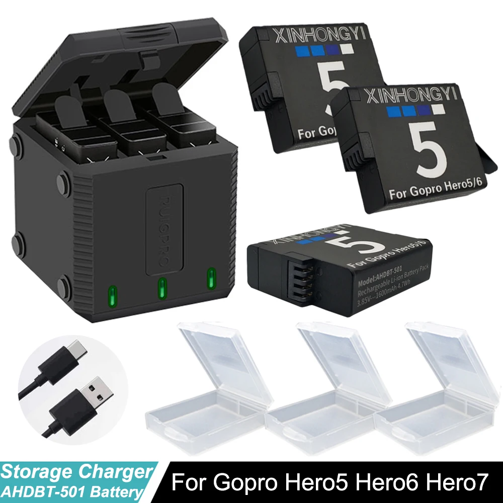 

1600mAh Hero 7 battery + Type-C 3 Slots storage box hero5 charger for GoPro hero7 6 5 Go Pro 7 Hero 6 Hero 5 Camera accessories