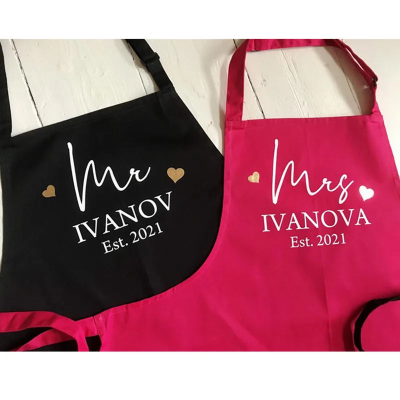 

Custom Name Date Couples Set of 2 Aprons - Personalized 2nd Wedding Anniversary Gift - Mr & Mrs - married name est year Aprons