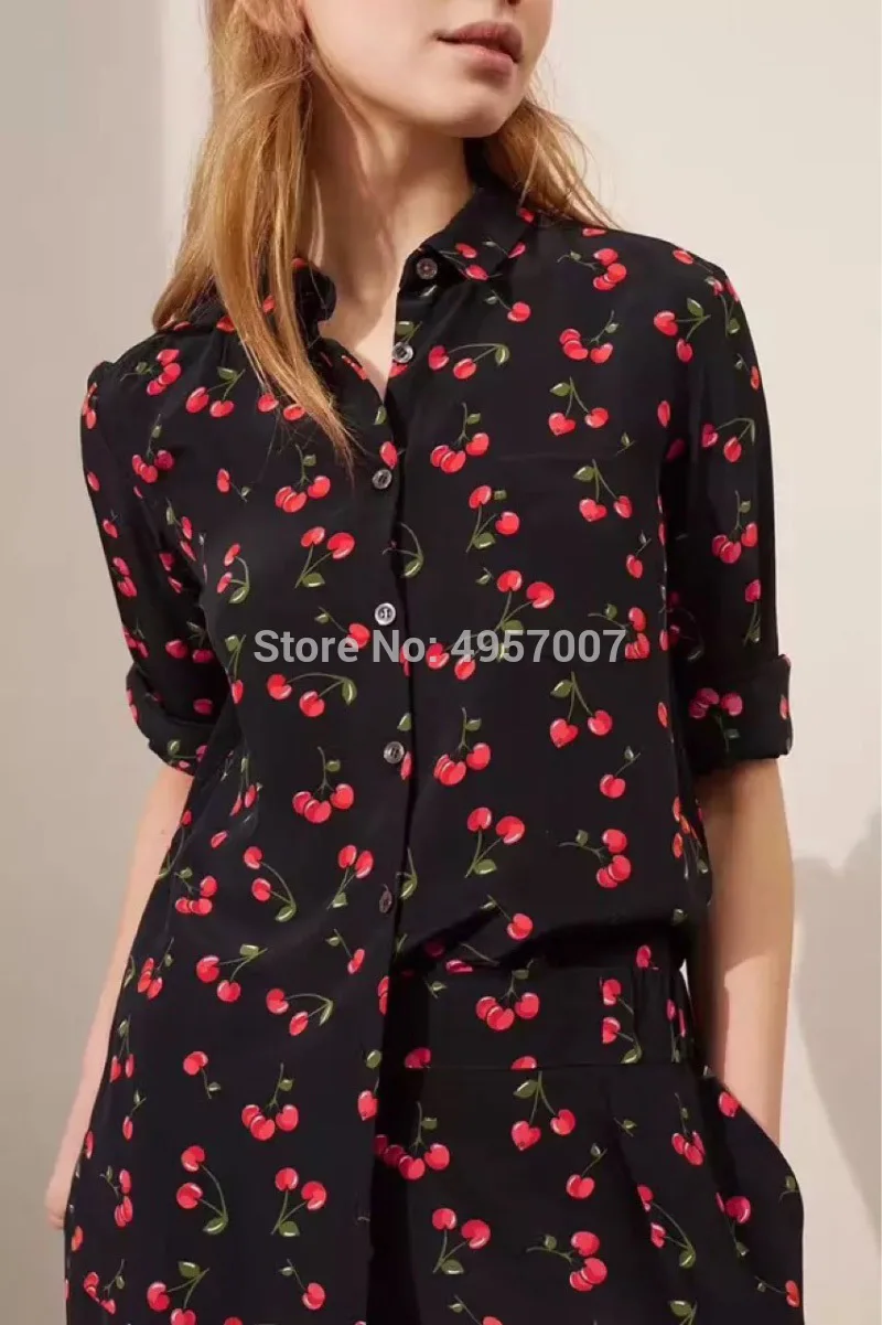 Фото Женская шелковая блузка ElfStyle бежевого/черного цвета с контрастным принтом вишни
