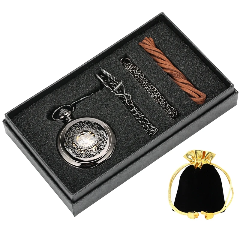 Retro Hollow Out Black Mechanical Pocket Watch Gifts Set Jewelry Box Necklace Chain Pendant Christmas Gifts for Men Women Friend
Retro Hollow Out Black Mechanical Pocket Watch Gifts Set Jewelry Box Necklace Chain Pendant Christmas Gifts for Men Women Friend