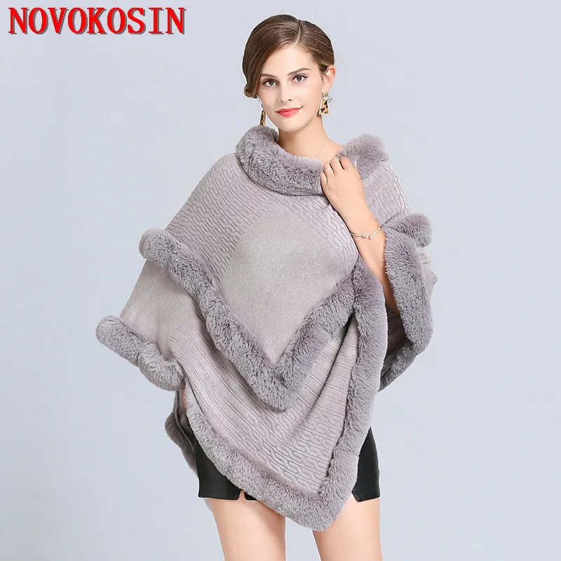 

Winter O Neck Striped V Faux Fox Fur Cape Loose Pullovers Overcoat Women Triangle Warm Streetwear Shawl Knitted Poncho Wear