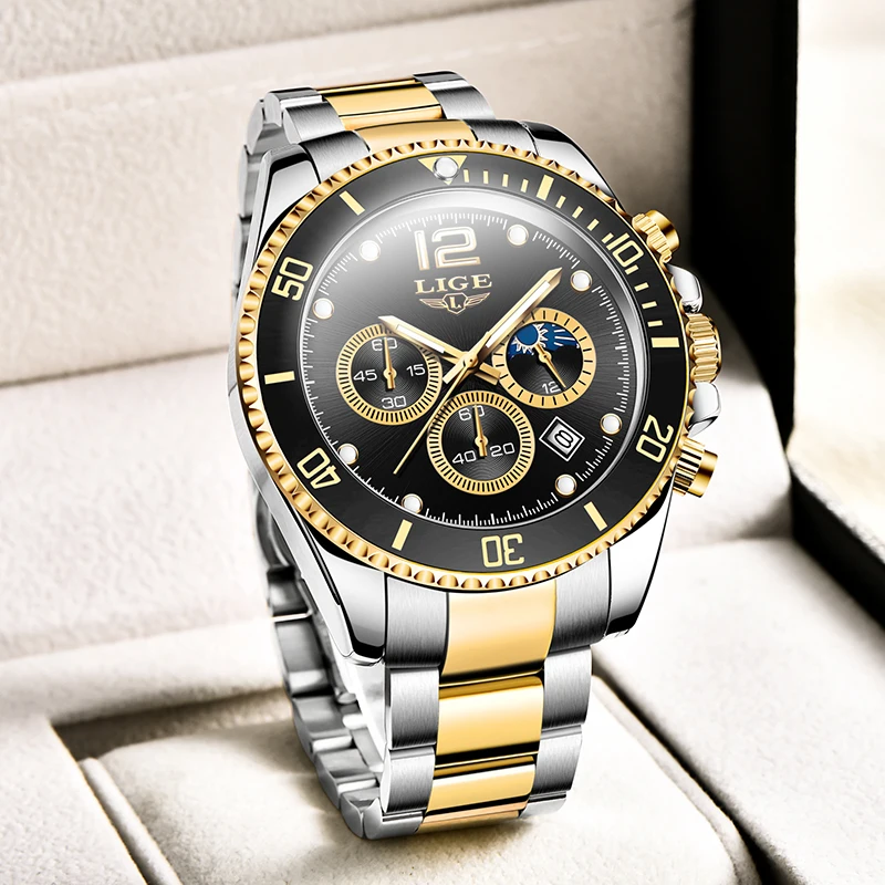 

LIGE Luxury Fashion Men's Watch 30M Waterproof Moon Phase Date Clock Sport Watch for Men Quartz Wristwatch Relogio Masculino+Box