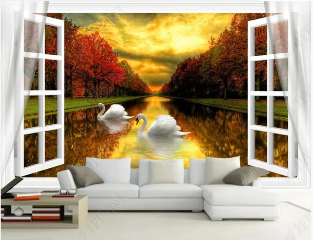 

Custom photo wallpaper for walls 3 d murals Modern window swan scenery in the forest lake 3D background wall papers home decor