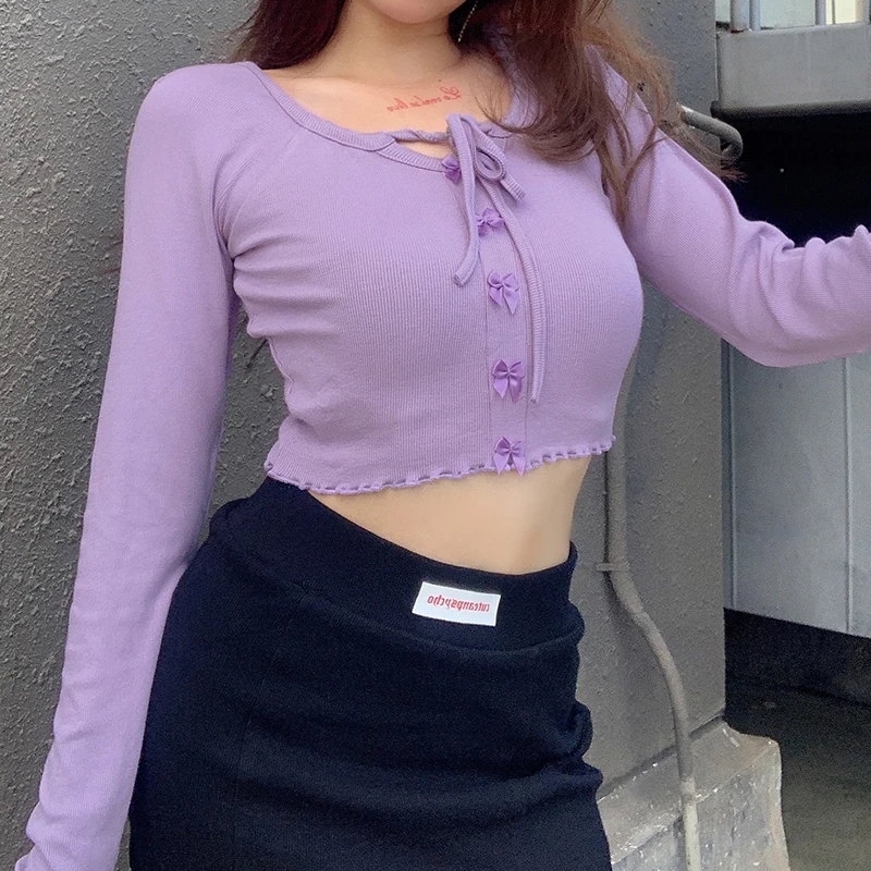 Darlingaga Crew Neck Bow Lace Up Woman T-shirts Purple Solid Slim Long Sleeve Autumn T shirt Casual Crop Tops Tee Shirts Korean