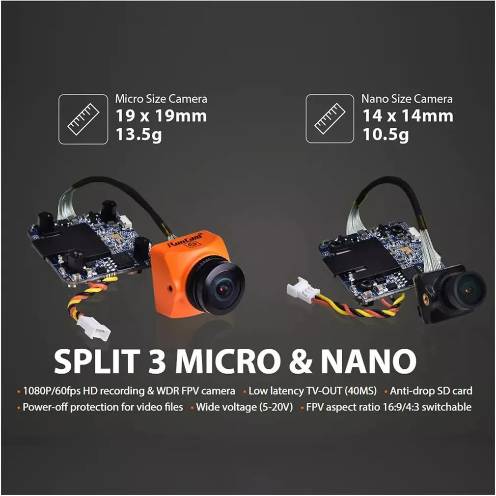 Split 3 Nano/Micro 1080P 60fps HD Recording WDR Low Latency 16:9/4:3 NTSC/PAL Switchable FPV Camera For RC Drone
Split 3 Nano/Micro 1080P 60fps HD Recording WDR Low Latency 16:9/4:3 NTSC/PAL Switchable FPV Camera For RC Drone