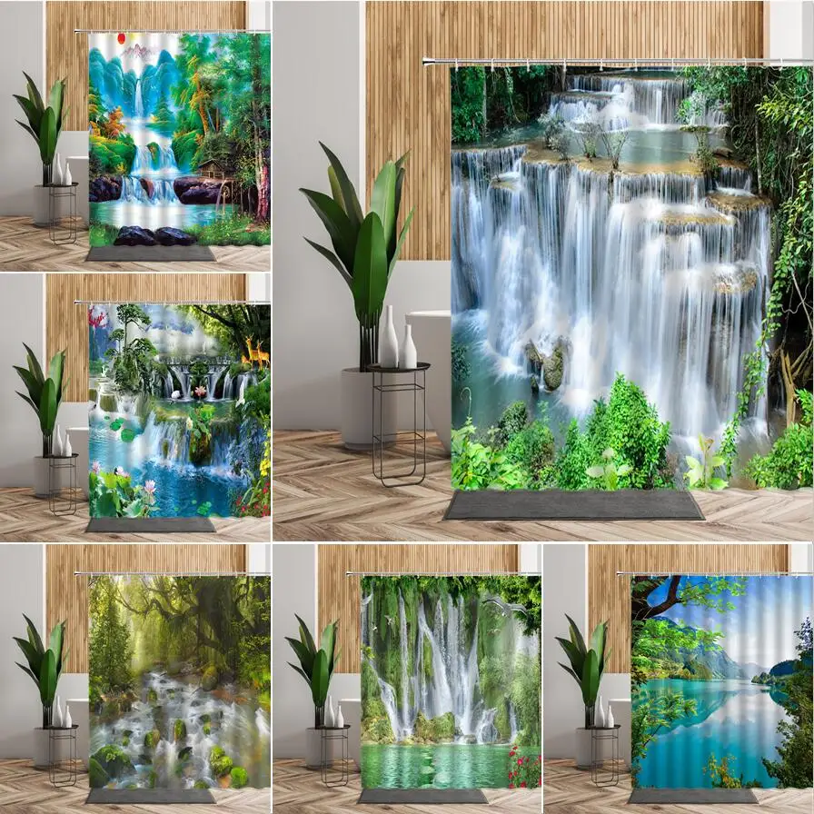 

Waterfall Forest Landscape Shower Curtains Green Tree Bathroom Curtain Fabric Summer Natural Scenery Home Decor Bath Decoration