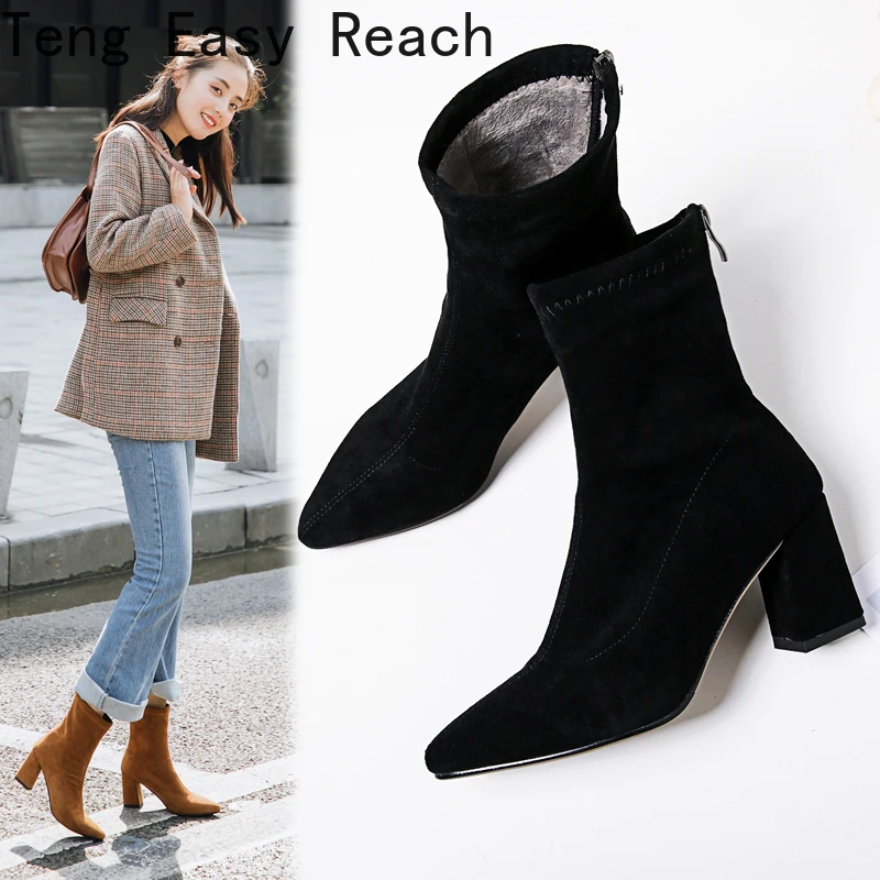 

Fashion Ankle Elastic Sock Boots Chunky High Heels Stretch Women Autumn Sexy Booties Pointed Toe Women Pump Size 33-42