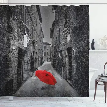 

Black and White Shower Curtain Red Umbrella on a Dark Narrow Street in Tuscany Italy Rainy Winter Bathroom Decor Set with Hooks