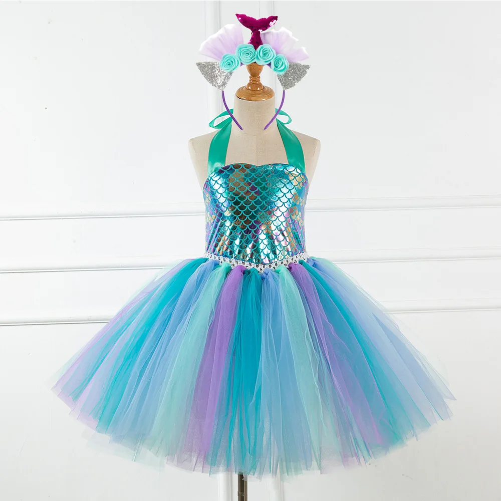 

Mermaid Kids Girls Princess Dresses with Headband For Birthday Party Children Cosplay Theme Clothes Tulle Tutu Dresses for Girls