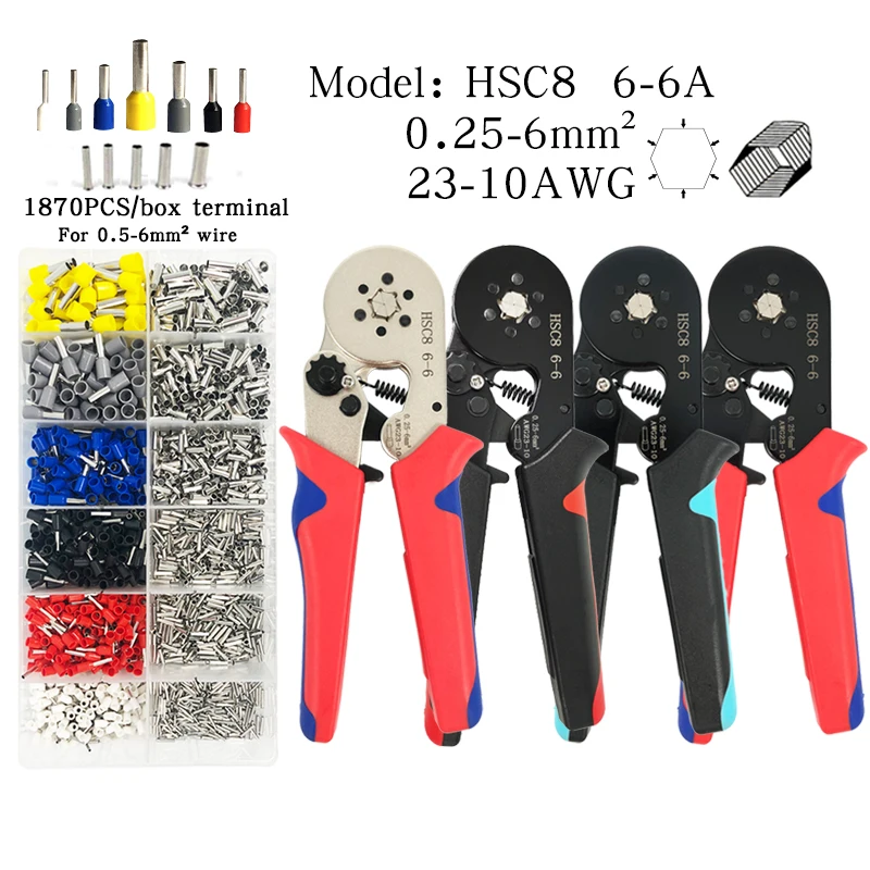 Tubular Terminal Crimping Tools HSC8 6-6A Pliers For 0.25-6mm2 23-10AWG Terminals High Precision Electrical Pliers Clamp Sets
Tubular Terminal Crimping Tools HSC8 6-6A Pliers For 0.25-6mm2 23-10AWG Terminals High Precision Electrical Pliers Clamp Sets