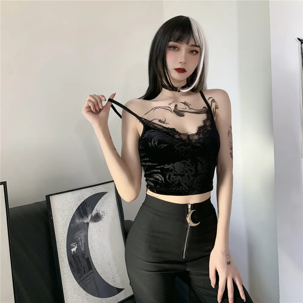 Summer Women Sexy Gothic Black Lace Trim Camis Casual Floral Embroidery V-Neck Sleeveless Crop Tops Nightclub Streetwear 2021 | Женская