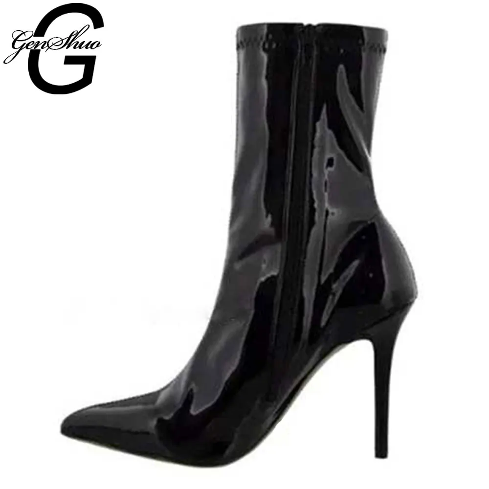 GENSHUO Patent Leather Pointed Toe Short Boots Female 2019 Autumn Winter Thin Heels High Heeled Ladies Ankle Boots Zipper Botas