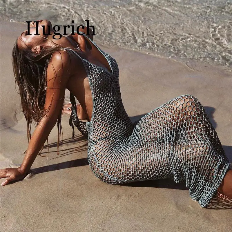 

2020 Women Knitted Fishnet Bikinis Cover up Beach Dress Tunic Long Hollow Out Beach Wear Pareo Sexy Crochet Cover-ups Swimsuit