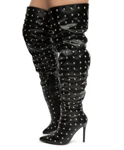 

Woman Fashion Black Cow Leather Rivets Thigh Boots Pointed Toe Thin High Heel Over The Knee Boots Lady Knight Boots