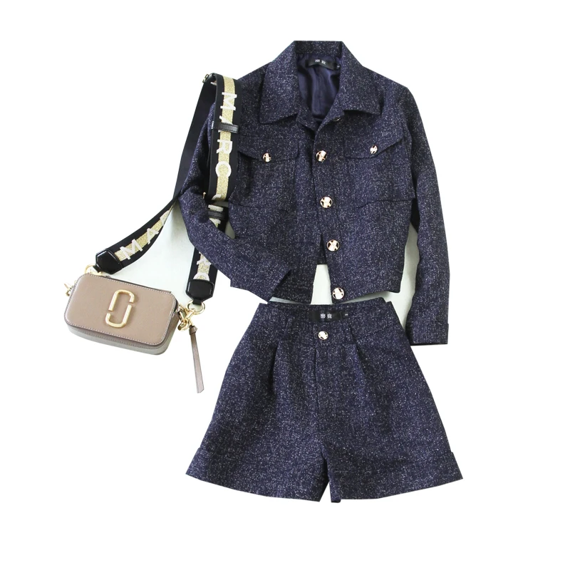 Женская Повседневная шерстяная куртка темно-синего цвета короткий жакет из