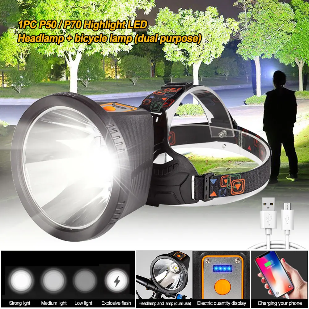 

Ultra Bright 20W P50/P70 LED Headlamp USB Rechargeable Waterproof Bicycle Head Light Torch 4 Modes Searchlight Built-in Battery