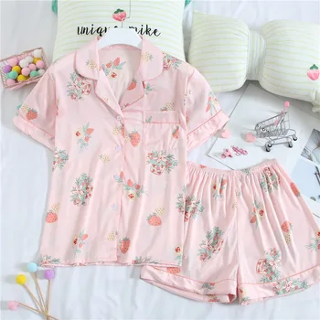 Spring Autumn New Print Strawberry Women 2PCS Pajamas Sets Sexy Faux Silk Sleep Suit Pyjamas Nightwear Sleepwear Loose Home Wear