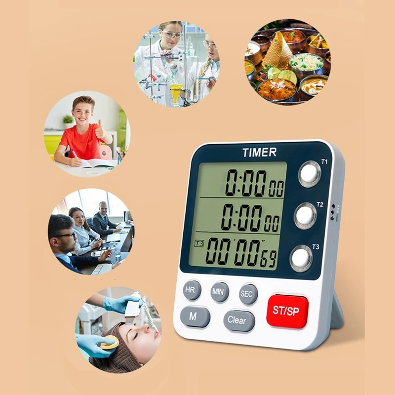 

Digital Kitchen Timer with Memory Function 3 Channels Count UP/Down Timer 3 Levels Volume Loud Alarm Big Digits Timer