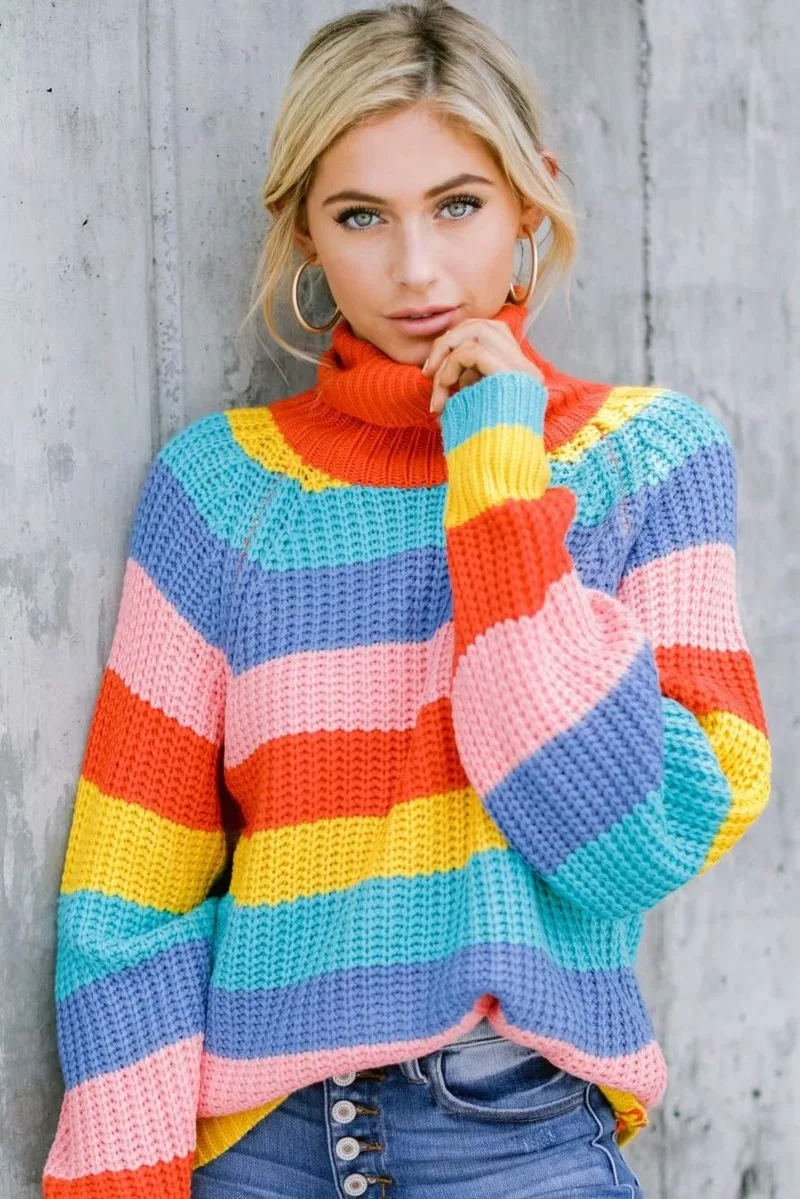2019 autumn and winter sweater women new rainbow striped print sweater high collar loose color matching sweater sweater women
2019 autumn and winter sweater women new rainbow striped print sweater high collar loose color matching sweater sweater women