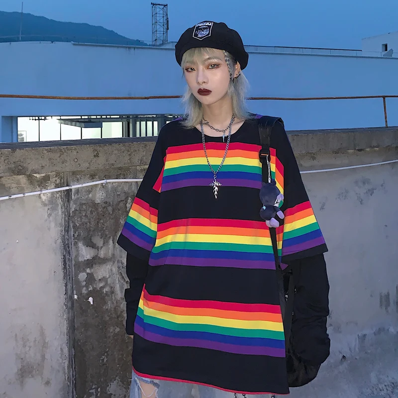 2019 Autumn Women Fashion T-shirt Korean Style Ulzzang Harajuku Fake Two Rainbow Striped T-shirts Female Casual Long Sleeve Tops
2019 Autumn Women Fashion T-shirt Korean Style Ulzzang Harajuku Fake Two Rainbow Striped T-shirts Female Casual Long Sleeve Tops