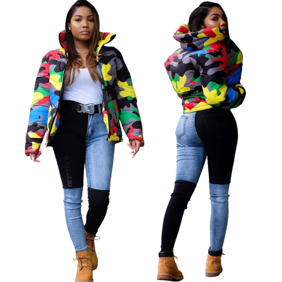 

2020 Camo Print Winter Jacket Women Festival Warm Parka Down Bubble Coat Top Warm Thick Parka Couple Wear Crop Puffer Jacket 4XL