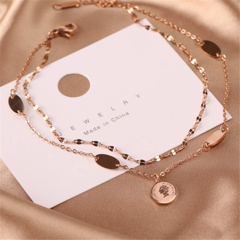

Fashion Style Stainless Steel Queen Head Coins Anklet All-match Titanium Steel Rose Gold Does Not Fade Exquisite Women's Gift