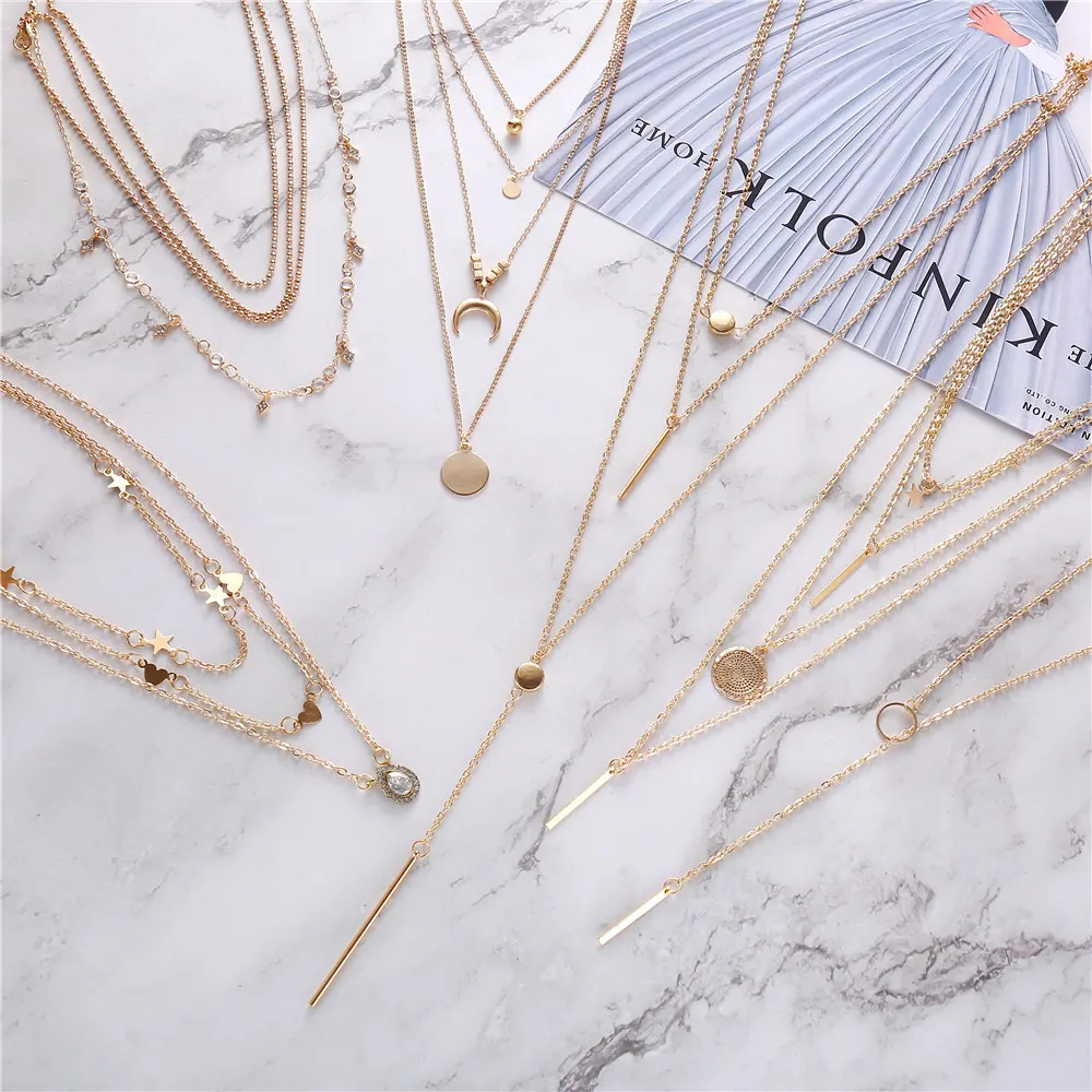 

2020 New Bohemia Vintage Crystal Geometric Star Necklace For Women Fashion Gold Color Chain Boho Heart Pendant Necklaces Jewelry