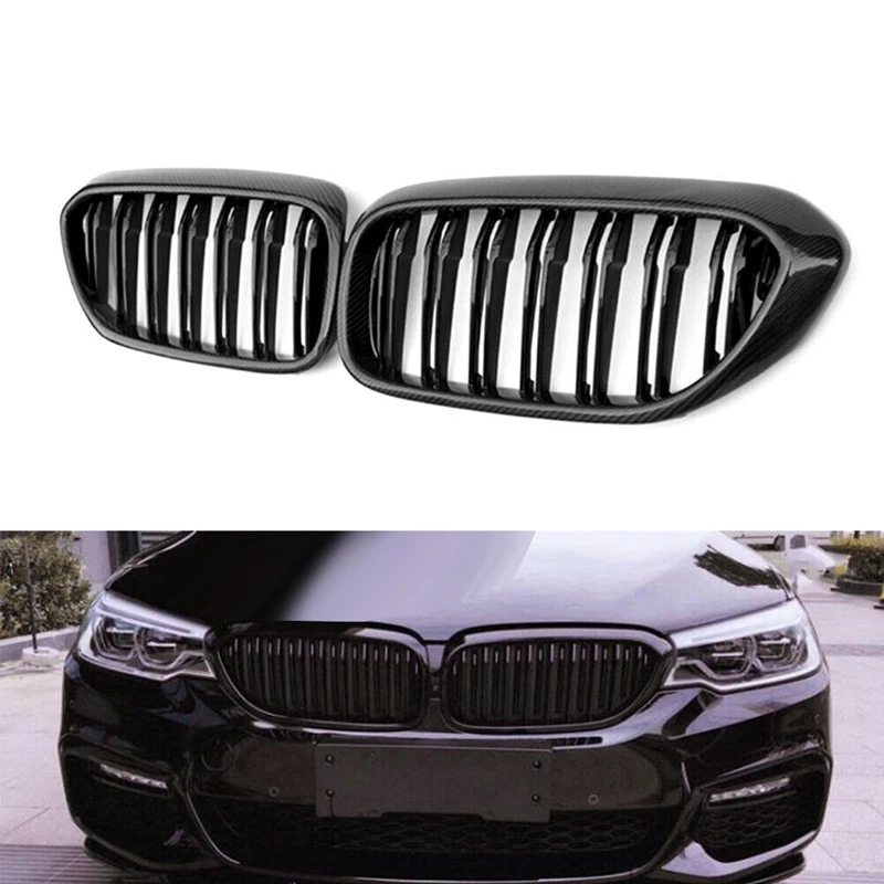 Car Carbon Fiber Glossy Black Double Slat Front Kidney Grille Grill for BMW-5 Series G30 G31 G38 530I 540I 2017-2019 | Автомобили и