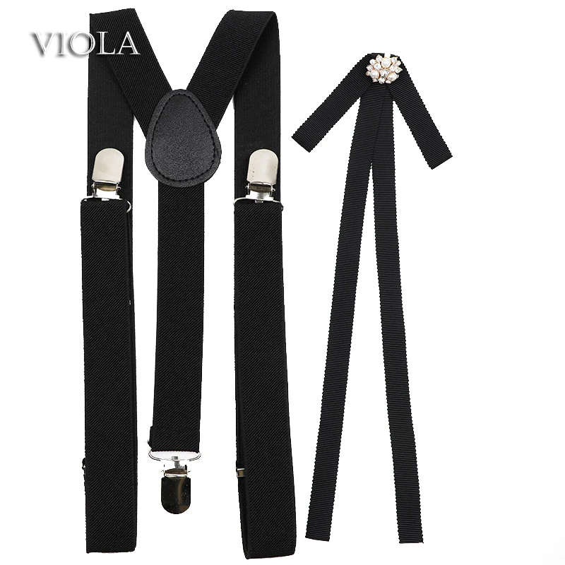 

Female Cute 2.5cm Suspender Solid Ribbon Pin Bowtie Set Red Black Pink Girl Daily Party Office Brace Women Shirt Skirt Accessory