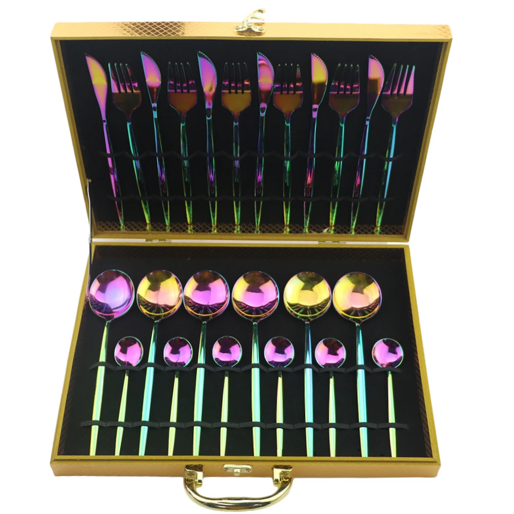 24Pcs 304 Stainless Steel Dinnerware Set Rainbow Silverware Tableware Set Knife Fork Spoon Tea Spoon Cutlery With Gift Box
24Pcs 304 Stainless Steel Dinnerware Set Rainbow Silverware Tableware Set Knife Fork Spoon Tea Spoon Cutlery With Gift Box