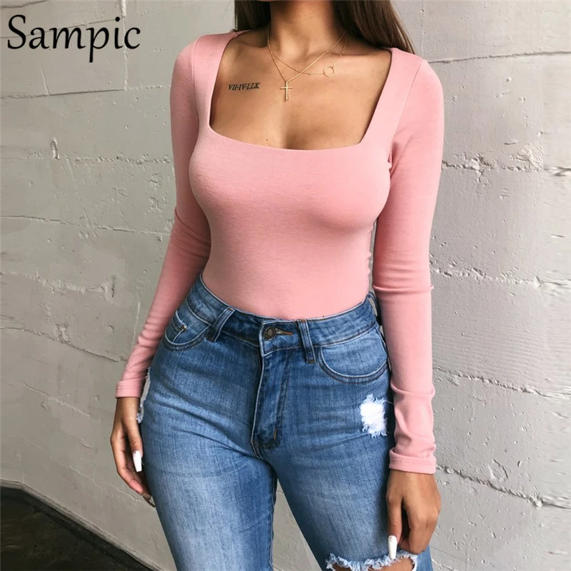 Sampic Woman Fashion Sexy Causual Square Neck Warm Skinny Bodysuit Rompers Long Sleeve Slim Bodycon Bodysuit Tops Autumn Winter