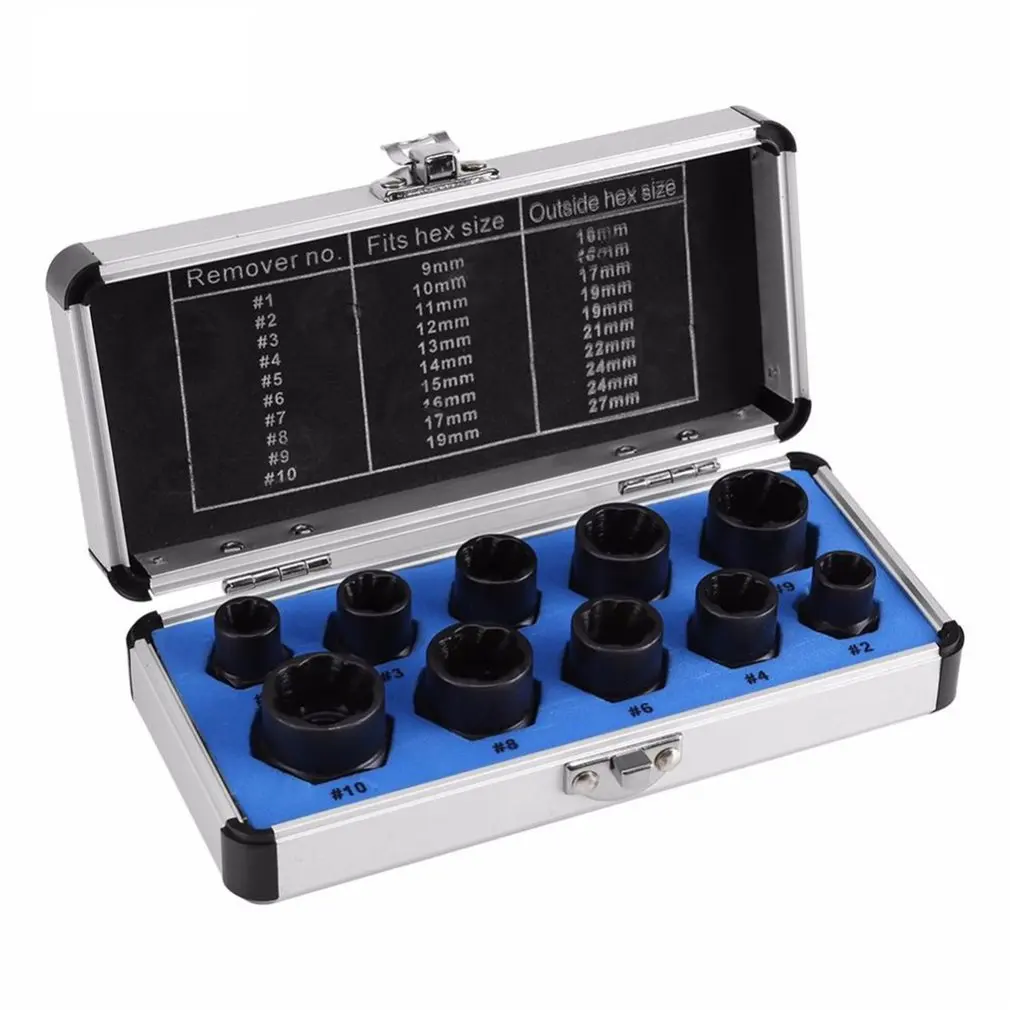 10Pcs/set 9-19MM Damaged Nuts Bolts Stripped Remover Stud Screws Extractor Locking Socket Hand Tools Set
10Pcs/set 9-19MM Damaged Nuts Bolts Stripped Remover Stud Screws Extractor Locking Socket Hand Tools Set