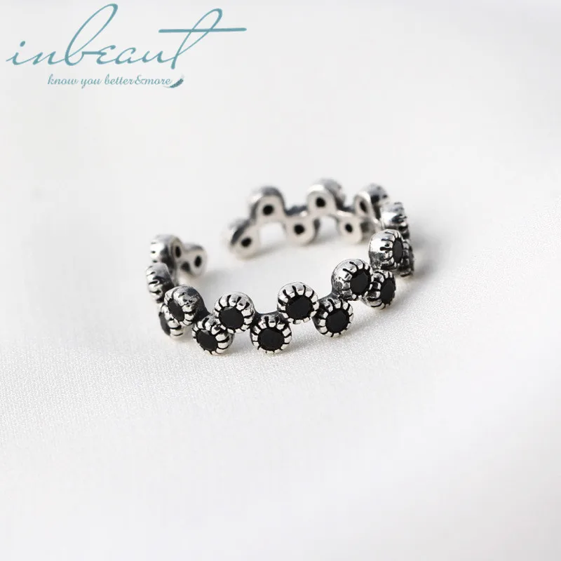 Inbeaut S925 Стерлинговое Серебро Черный Циркон простое волнистое Открытое кольцо