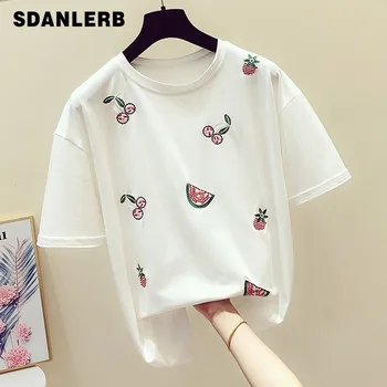 White T Shirt Womans T-shirts 2020 Summer New Fruit Embroidery Short Sleeve White Shirt Female Loose Cotton Top Tees Tshirt
White T Shirt Womans T-shirts 2020 Summer New Fruit Embroidery Short Sleeve White Shirt Female Loose Cotton Top Tees Tshirt