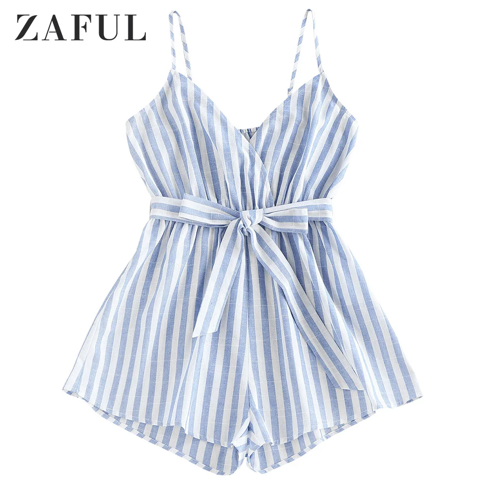 

ZAFUL Women Striped Belted Cami Loose Romper Spaghetti Strap Sleeveless Romper Sexy Ladies Romper Summer Vacation 2020