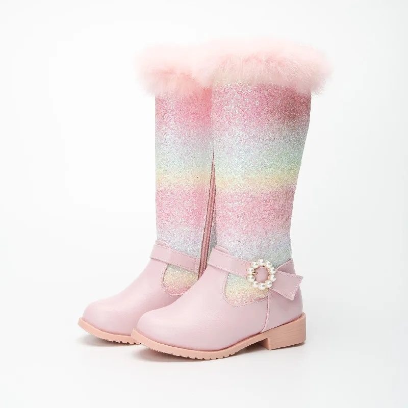 

Princess Girls Knee-High Boots Students Rainbow Boots Children New 2023 Autumn Winters Warm Snow Boots Show Little Girl Boats