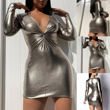 Fashion Womens Silver Long Sleeve Solid Sexy V-Neck Mini Dress Dress Dropshipping USA size Leisure jobs fashion Retro trend Loo
Fashion Womens Silver Long Sleeve Solid Sexy V-Neck Mini Dress Dress Dropshipping USA size Leisure jobs fashion Retro trend Loo