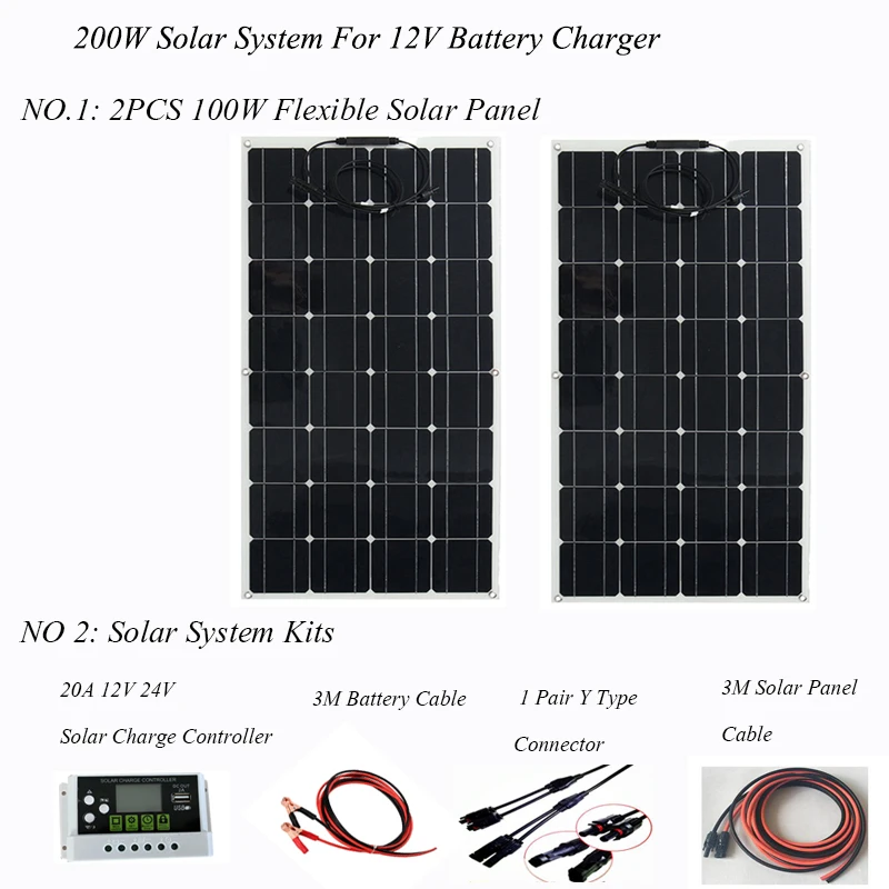Комплекты солнечных панелей 100 Вт 200 моно Гибкая солнечная панель 1 шт. 2