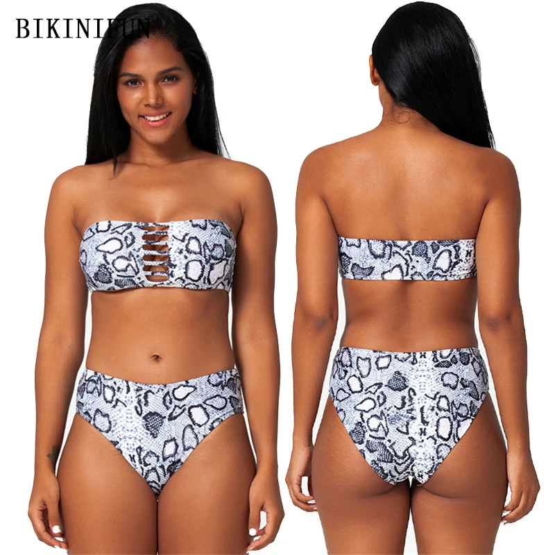 

2020 New Sexy Snakeskin Swimsuit Women Hollow Cutout Swimwear Strapless Bandeau Beachwear S-L High Waist Bathing Suit Bikini Set