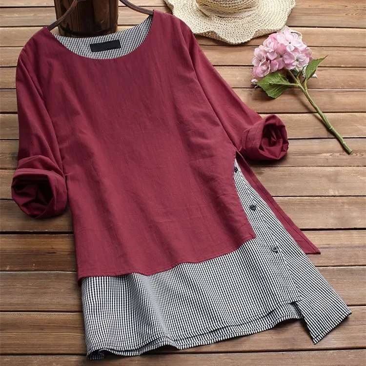 Women Plus Size Long Sleeve Patchwork Fake Two Pieces Blouses Spring Autumn Asymmetrical Casual Thin Shirts
Women Plus Size Long Sleeve Patchwork Fake Two Pieces Blouses Spring Autumn Asymmetrical Casual Thin Shirts