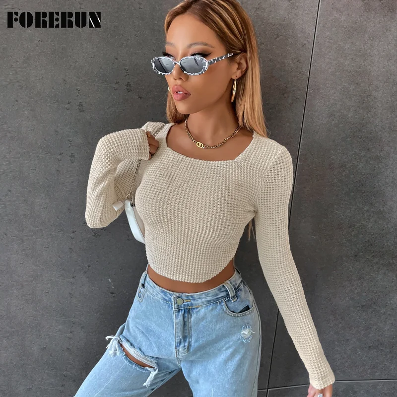 FORERUN Cropped Sweater Skinny Square Collar Long Sleeve Beige Pullovers Fall Autumn Knitted Crop Tops Dropshipping
FORERUN Cropped Sweater Skinny Square Collar Long Sleeve Beige Pullovers Fall Autumn Knitted Crop Tops Dropshipping